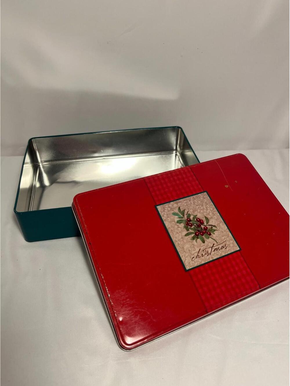 Vintage Christmas Candy or Card Red Tin Plaid Storage Collectible